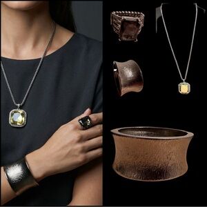 Jewelry Bundle (3) Long Necklace, Stretchy ring & Cuff Bracelet in EUC Gunmetal